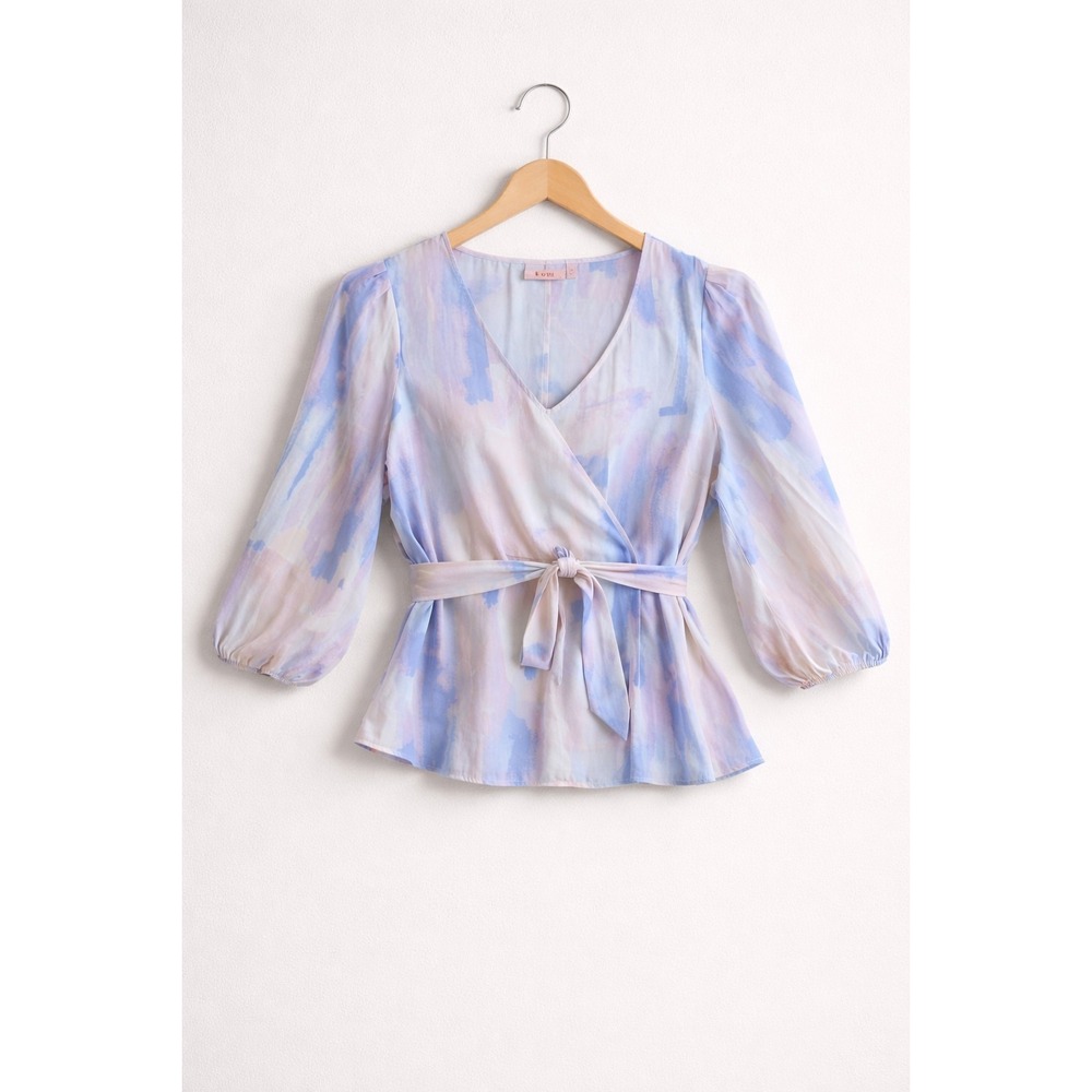 EVRI 3X Plus Pastel Surplice Blouse Tie Waist Peplum Top Puff Sleeve